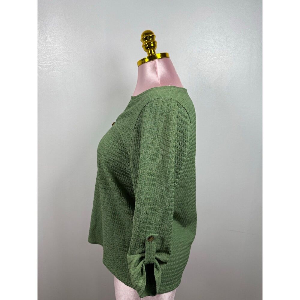 Luna Green Textured Blouse Roll Tab Sleeve Casual Lightweight Top Size M - Picture 3 of 5
